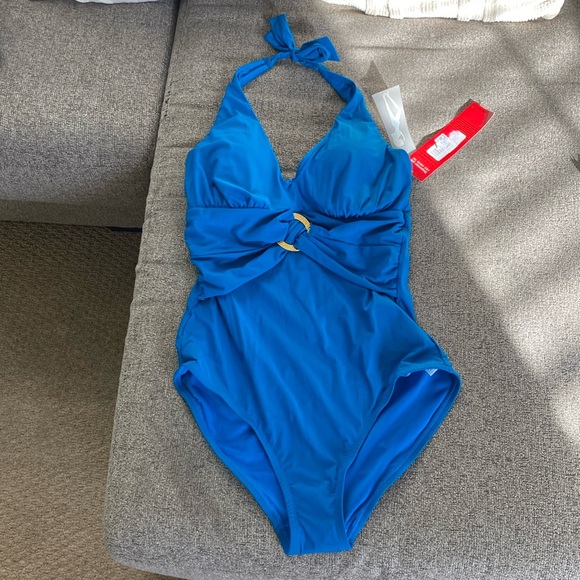NWT Spanx One Piece Halter Cobalt Swimsuit - Picture 2 of 8